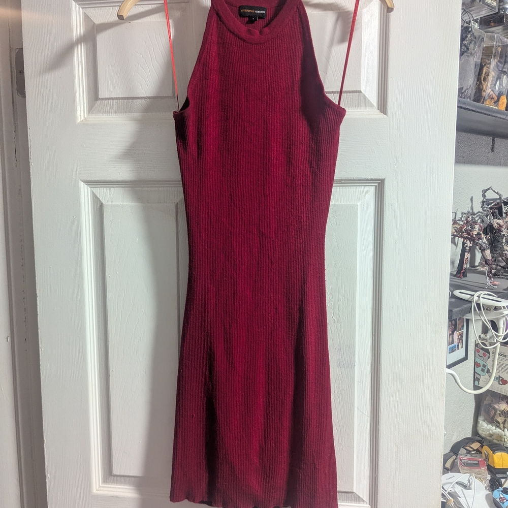 Ambiance Red Ribbed Halter Mini Dress
